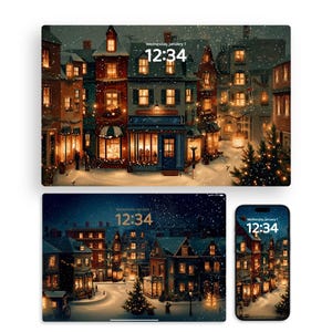 May include: A digital wallpaper set for a phone, tablet, and laptop featuring a snowy winter village scene at night. The image displays multi-story buildings with warm glowing windows, a decorated Christmas tree, and the text Wednesday, January 1 12:34.