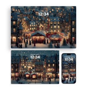 Puede incluir: Fondo de pantalla digital con una escena de pueblo invernal con edificios cubiertos de nieve y puestos de mercado. La hora 12:34 se muestra en la pantalla. También es visible el texto "Wednesday, January 1". La imagen se muestra en un teléfono, tableta y portátil.