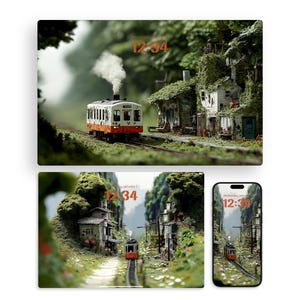 Puede incluir: Fondo de pantalla digital con un tren en miniatura que viaja por un paisaje verde con pequeños edificios. La hora 12:34 se muestra. El texto "TUT Wallpaper" está en la parte inferior.