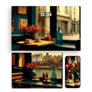 May include: A digital wallpaper display featuring a cafe scene with a vase of red flowers, a blue glass bottle, and coffee cups on a table. The screen shows the time 12:34 and the date Wednesday, January 1. The display is shown on a tablet and a smartphone.
