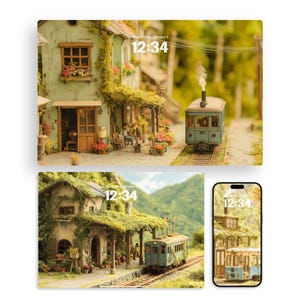 Puede incluir: Fondo de pantalla digital con escenas en miniatura de un pueblo pintoresco con un tren vintage turquesa. La hora 12:34 se muestra en la pantalla. También se ve el texto "Wednesday, January 1". Diseñado para teléfonos, iPads, portátiles e iWatches.
