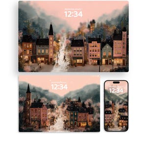 Puede incluir: Fondo de pantalla digital con una pintoresca escena de un pueblo europeo con tejados nevados y una calle adoquinada. La hora se muestra como 12:34. También es visible el texto "Wednesday, January 1". El fondo de pantalla se muestra en un teléfono, una tableta y un portátil.
