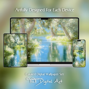 Waterside Nature Painting Wallpaper Set, Sunlit Tree Desktop Wallpaper, Green Illustrated Phone Wallpaper, Serene Botanical Digital Download