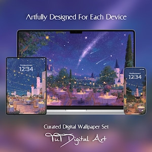 May include: A digital wallpaper set displayed on a laptop, tablet, and smartphone, featuring a night scene of a castle courtyard with string lights and a starry sky. Text reads Artfully Designed For Each Device and Curated Digital Wallpaper Set Tut Digital Art.