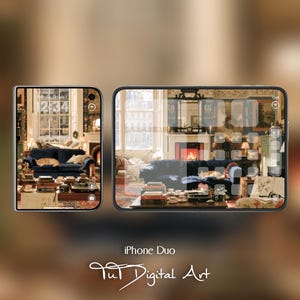 May include: Two smartphones displayed side-by-side, one in a vertical orientation and one in a horizontal orientation, both featuring a digital wallpaper of a cozy living room with a blue sofa. Text below reads iPhone Duo and Tut Digital Art.