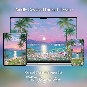 Op de afbeelding: Een digitale achtergrondset weergegeven op een laptop, tablet en smartphone. De schermen tonen een tropisch strand bij zonsondergang met palmbomen, zeilboten en lichtsnoeren. Tekst: Artfully Designed For Each Device en Tut Digital Art.