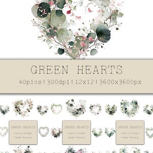 May include: Watercolor illustration featuring a heart-shaped arrangement of green and pink leaves and flowers. The text "GREEN HEARTS" is displayed above a series of smaller heart designs. The image is 12x12 inches and 3600x3600px.