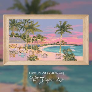 Tropische feeënlampjes in een tv-frame, strandbar met palmbomen, Samsung tv-frame, roze zonsondergang, decoratie voor de eetkamer en woonkamer, geïllustreerde levendige digitale download