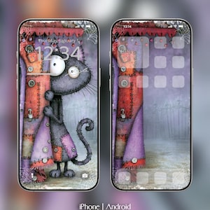 May include: Two smartphones displaying a digital wallpaper featuring a grey, stitched-together cat character peeking from behind a purple and orange fabric curtain. The scene includes a foggy background, spiderwebs, and the text iPhone | Android Tut Digital Art.