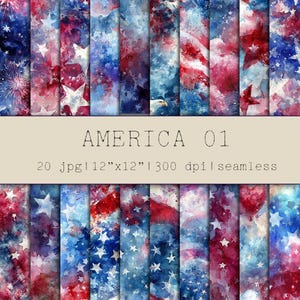 May include: A collection of twenty digital paper patterns featuring watercolor textures in red, white, and blue. The designs include stars, fireworks, and eagle motifs. Text on the image reads: AMERICA 01, 20 jpg | 12"x12" | 300 dpi | seamless.