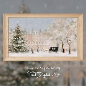 May include: A rectangular light wood frame containing digital art of a snowy winter town square with a large decorated Christmas tree, a horse-drawn carriage, and street lamps. The text reads Frame TV Art (3840x2160) and Tut Digital Art.