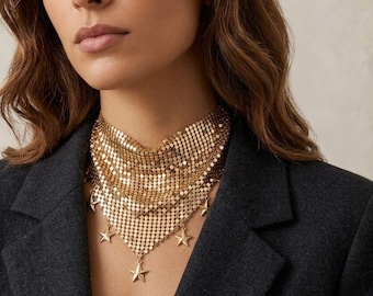 Gold Tone Chainmail Bandana Necklace, Star Charm Metallic Bib Choker, Statement Party Jewelry