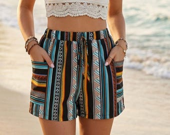 Boho Stripe Summer Shorts | High Waisted Beach Shorts With Pockets
