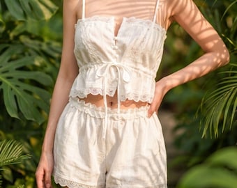 Cotton Bloomer Shorts, Lace Trim Pumpkin Style, Ruffle Hem Lounge Wear