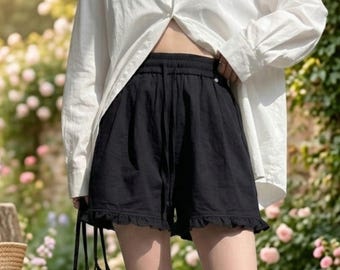 Black Ruffle Hem Shorts, High Waist Summer Lounge Bloomers, Drawstring Linen Texture Shorts, Cute Casual Beach Shorts