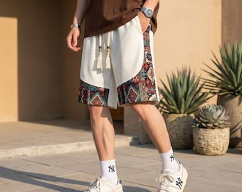 Men's Boho Ethnic Print Drawstring Shorts, Lightweight Summer Beach Vacation Wear