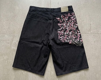 Unisex Black Denim Shorts with Cherry Blossom Embroidery, Loose Fit Streetwear