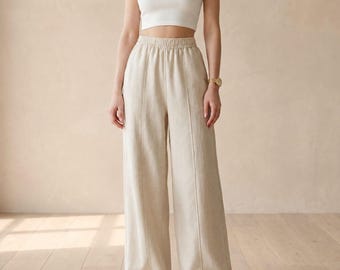 Wide-Leg Linen Cotton Pants | Loose Harem Trousers Full-Length Maxi Pants | Comfortable Fall & Spring