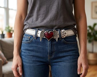 Gothic Heart Wing Buckle Belt: Faux Leather, Studded Waist Accessory (Black/White)
