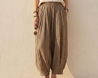 Cotton Linen Harem Pants | Boho Wide Leg Trousers | Oversized Elastic Waist Albanese Style