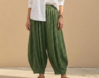Cotton Linen Harem Pants | Boho Wide Leg Trousers | Oversized Elastic Waist Albanese Style