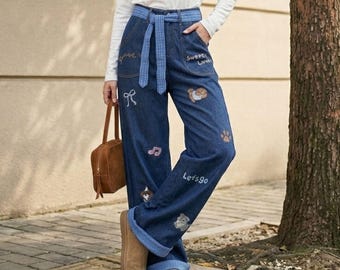 Embroidered Puppy Wide Leg Jeans | Retro Plaid Belt | Kawaii Denim Trousers