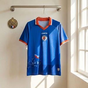 May include: A blue short-sleeved jersey with an orange V-neck collar and white trim. The chest features the text SAETA and a circular logo. The lower portion displays a graphic of figures holding a flag. The fabric has a smooth, athletic finish.