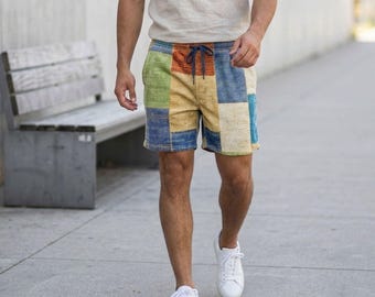 Linnen herenshort met patchwork, strandshort met elastische taille en trekkoord, casual katoenen zomershort boho, maat S tot 4XL