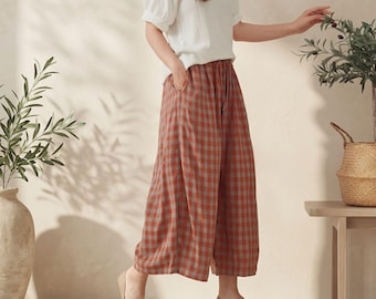 Organic Cotton Plaid Palazzo Pants | Gauze Muslin Wide-Leg Trousers