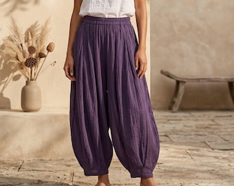 Cotton Linen Harem Pants | Boho Wide Leg Trousers | Oversized Elastic Waist Albanese Style
