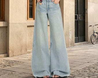 Light Blue Baggy Wide-Leg Jeans | Oversized Streetwear Denim Pants for Women