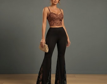 Black Lace Bell Bottom Pants | Boho Flare Leggings, 70's Festival Style