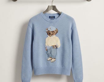 Women's Embroidered Bear Knit Sweater, Light Blue Cotton Blend Crewneck Pullover