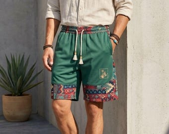 Men's Bohemian Patchwork Linen Texture Shorts, Elastic Waist Drawstring Beach Resort Wear