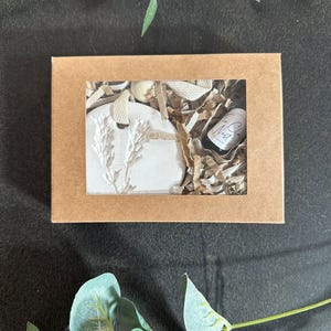 May include: A small, rectangular, brown cardboard box with a clear window, containing a white, decorative item with a botanical design, and a small bottle with text. The box is filled with shredded paper.