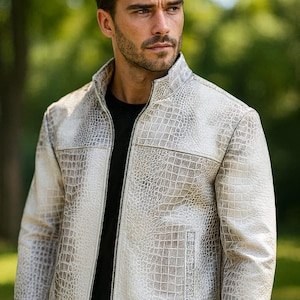 Handgefertigte Krokodilprägung Rindsleder Leder Motorradjacke für Herren