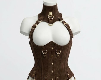 Body con corsé de cuero de ante marrón / Traje de festival Steampunk