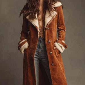 May include: A long, brown suede coat with a cream shearling lining on the collar and cuffs. The coat has large buttons and pockets. This vintage-inspired coat is a stylish outerwear piece.