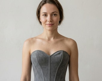 Suede Overbust Corset, Steel Boned Lace Up Medieval Corset Top, Steampunk Festival Outfit | Gift For Her