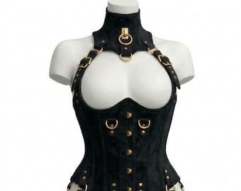 Real Suede Leather Overbust Corset: Steel Boned, Lace-Up Front, Black Corset