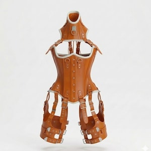 May include: A brown leather corset with a matching neck piece and leg straps. The corset features silver-toned hardware, including buckles and rivets. The design includes white trim and multiple straps for adjustment.