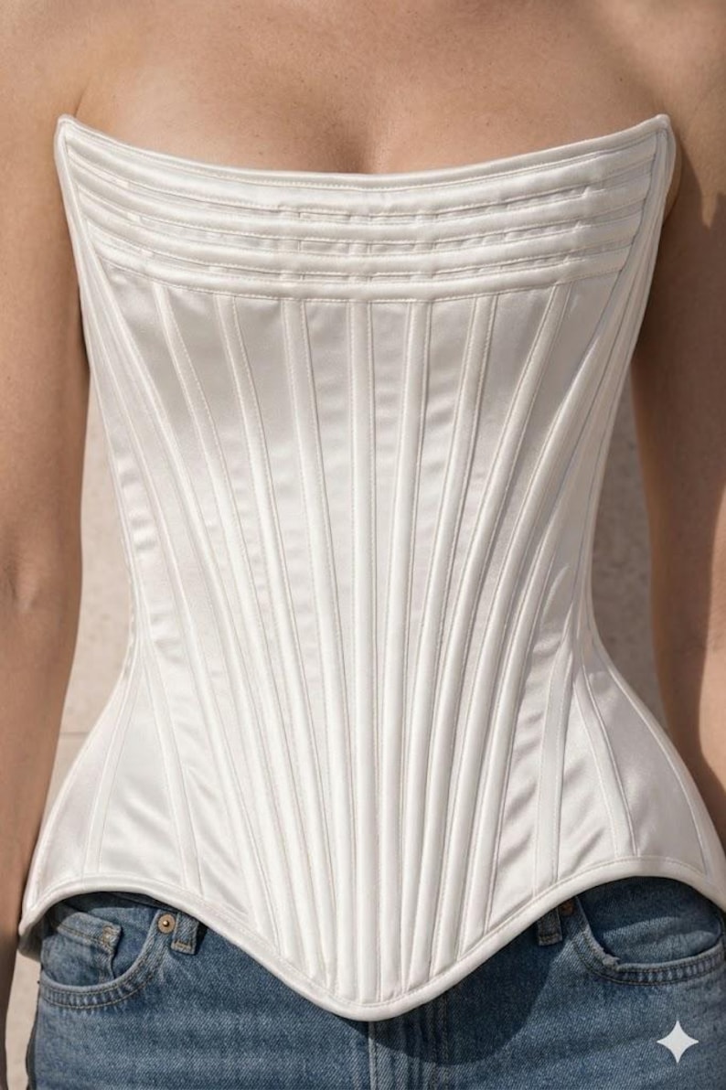 Handmade white satin overbust corset top with steel boning and a pointed hemline. Elegant medieval renaissance or festival outfit for women.