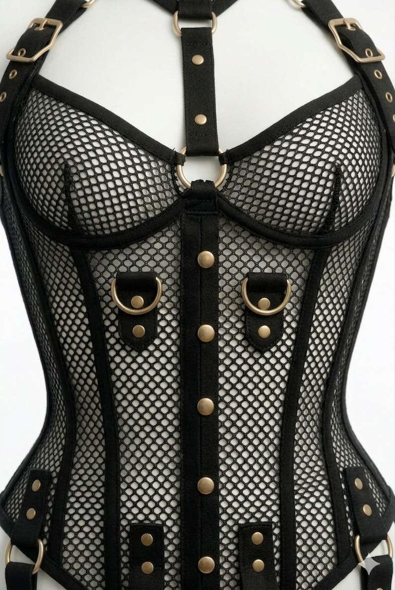 Black mesh corset top with structured bodysuit design, lace-up bustier style, gothic festival corset with adjustable straps and garter details, edgy rave and clubwear outfit for women