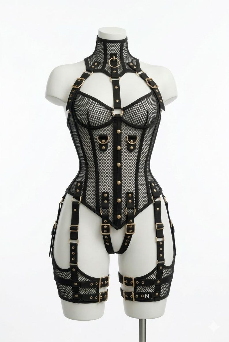 Black mesh corset top with structured bodysuit design, lace-up bustier style, gothic festival corset with adjustable straps and garter details, edgy rave and clubwear outfit for women