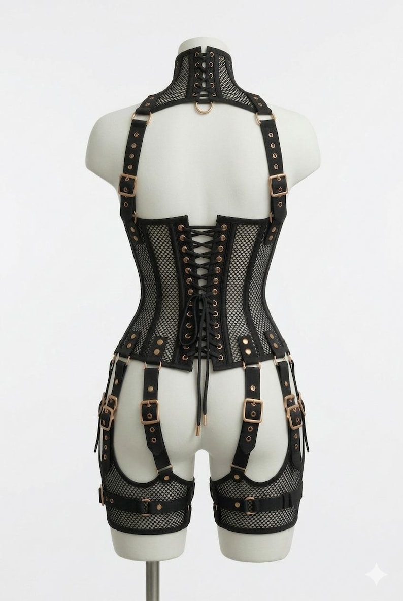 Black mesh corset top with structured bodysuit design, lace-up bustier style, gothic festival corset with adjustable straps and garter details, edgy rave and clubwear outfit for women