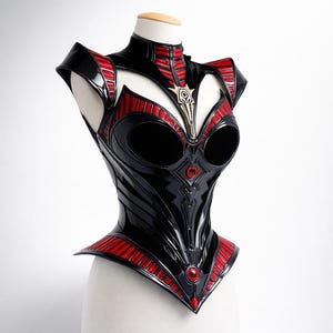 Futuristic Gothic Overbust Corset Armor – Black Red Warrior Style Bustier Costume Top