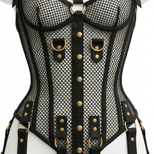 Black mesh corset top with structured bodysuit design, lace-up bustier style, gothic festival corset with adjustable straps and garter details, edgy rave and clubwear outfit for women