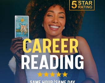 May include: A smiling person holds a tarot card with a dog illustration. The image features the text "CAREER READING" in yellow, along with "SAME HOUR/SAME DAY" and a "5 STAR RATING" badge.