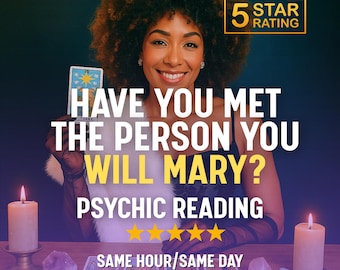 May include: An advertisement for psychic readings features a smiling person holding a tarot card. Text reads "Have you met the person you will marry? Psychic reading." The image includes lit candles, crystals, and a 5-star rating.
