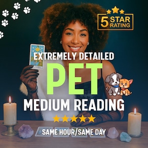 以下が含まれることがあります： ペットの霊媒師リーディングを宣伝する画像。テキストは「非常に詳細なペット霊媒師リーディング」と表示され、5つ星評価が付いています。画像には、タロットカードを持つ女性と、犬と猫のイラストが含まれています。